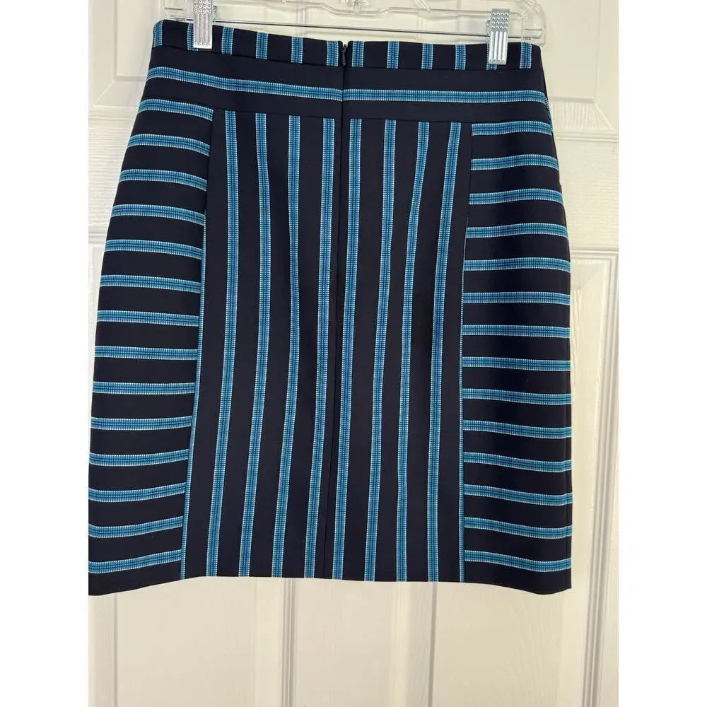 Karen Millen Stripe Skirt Women's 8 BlueMulti Cotton Stretch Pockets Tie NWT